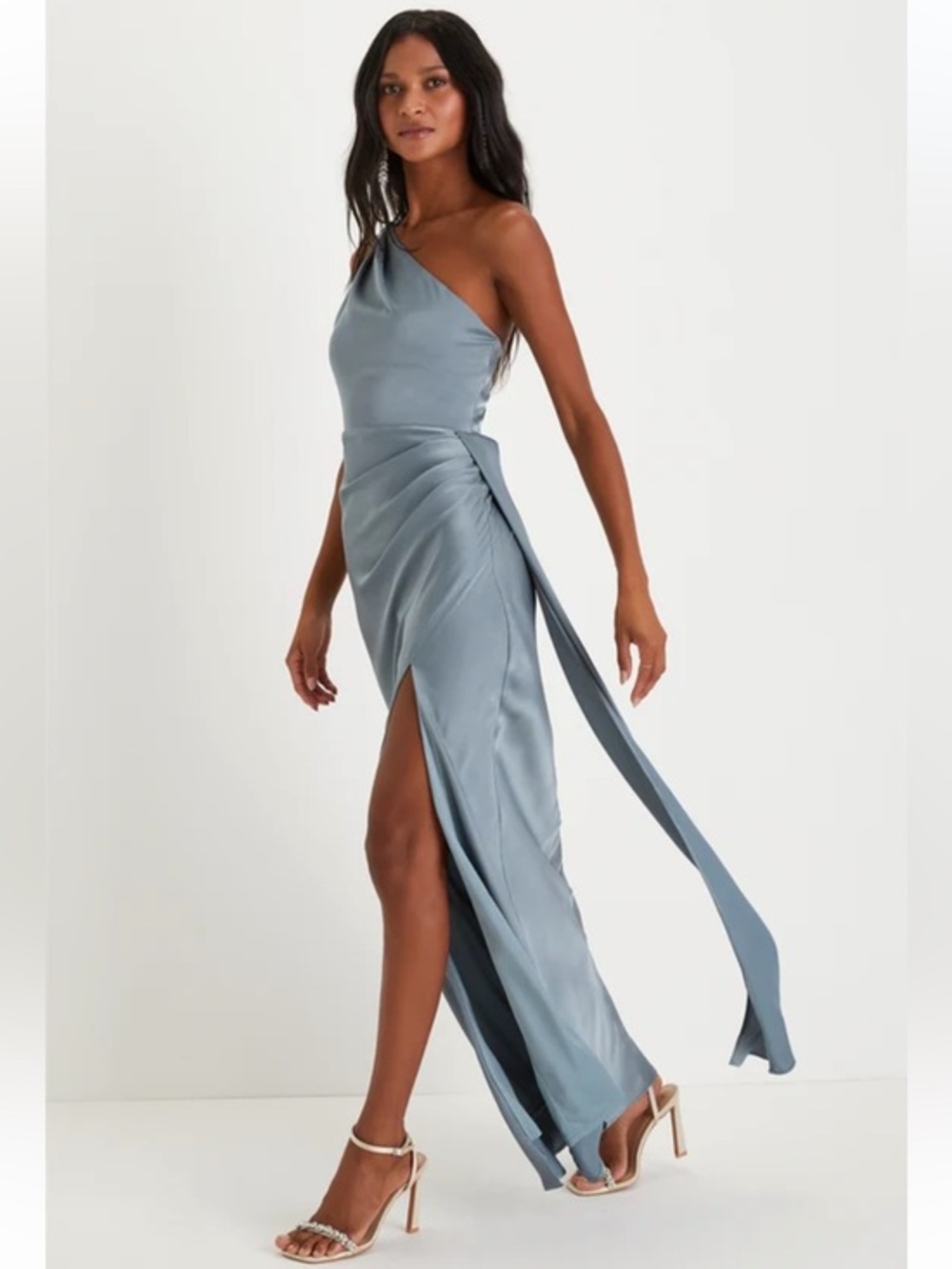 NWT Lulus Signature Plus Elegance Slate Blue Satin One-Shoulder Maxi Dress